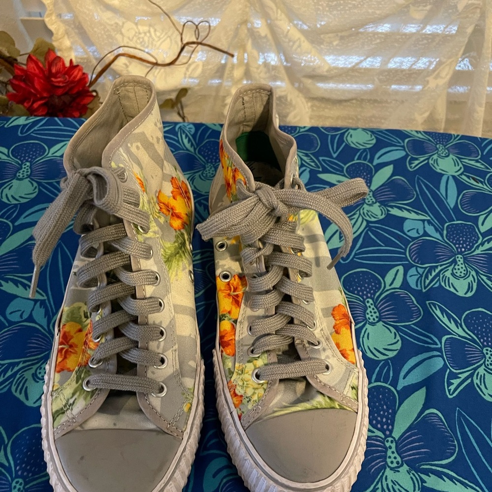 Gray and Orange High-Top Sneakers with Floral Design